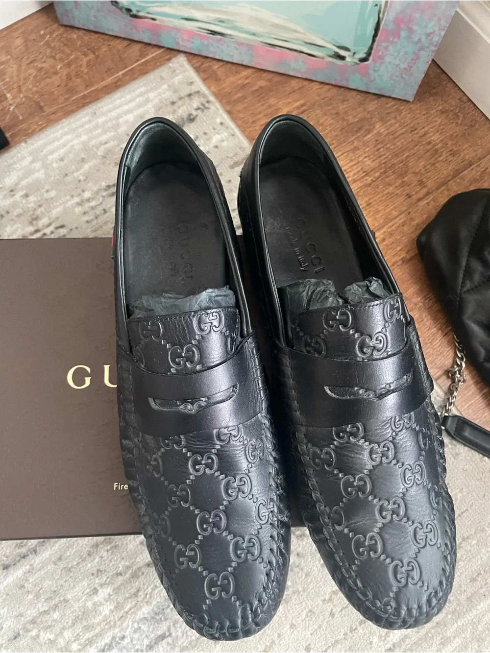 SALE❤️ GUCCI Black Leather Guccissima GG Men's Loafers Made in Italy size 10 B